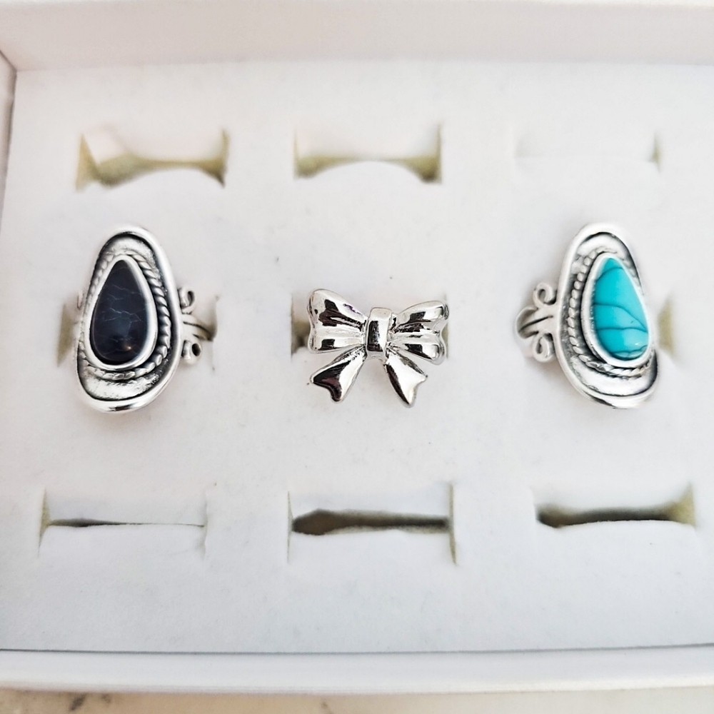 3pc Fashion Ring Set Silver Bow Black Stone Blue Country Girl Southwestern